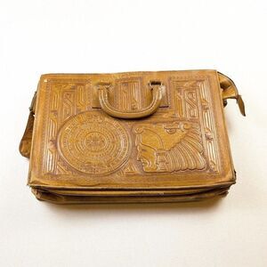 Vintage 1960s Mexican Hand Tooled Leather Briefcase Handbag Aztec
